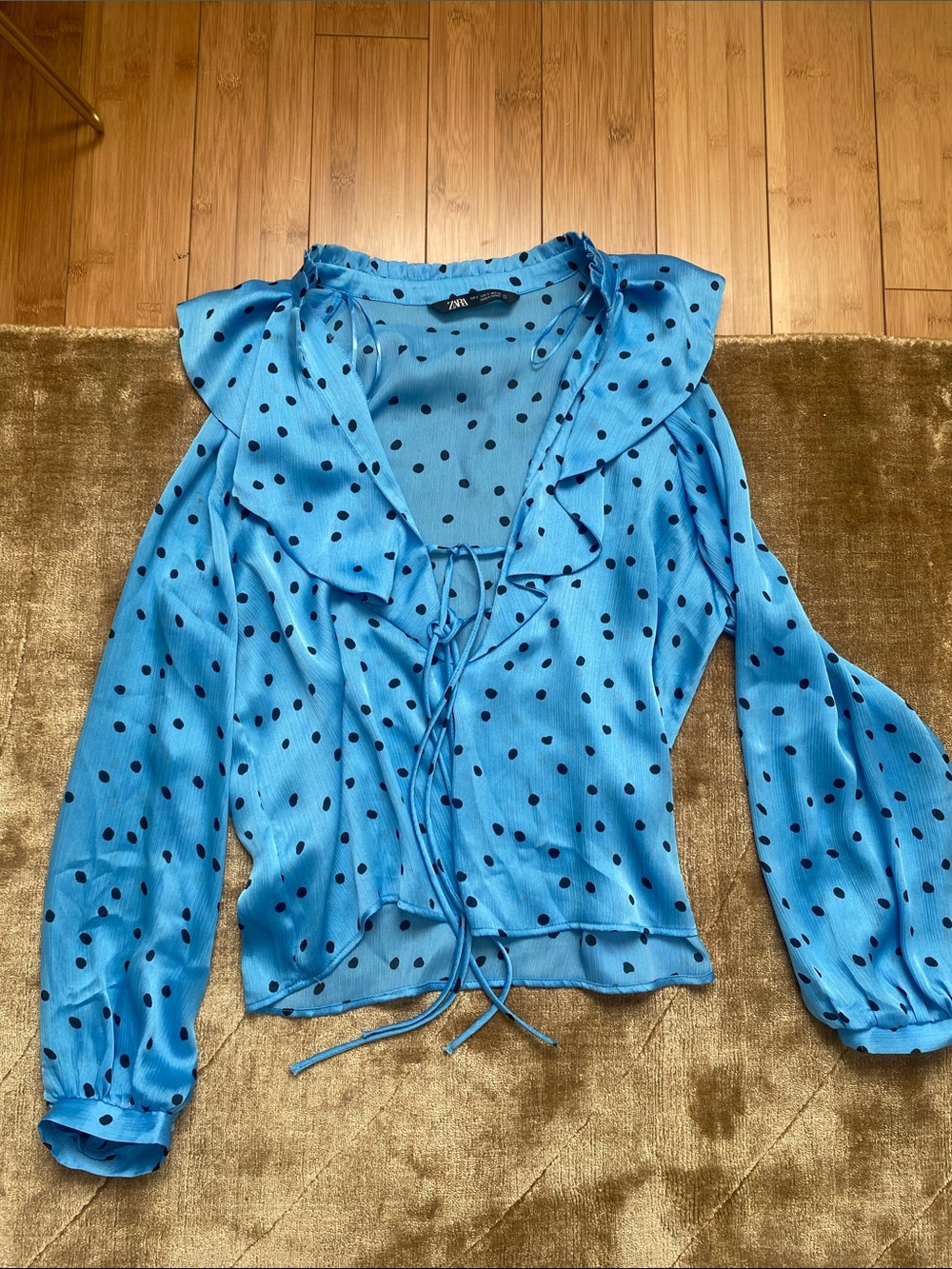Zara blue Polka Dot Ruffle Tie Blouse